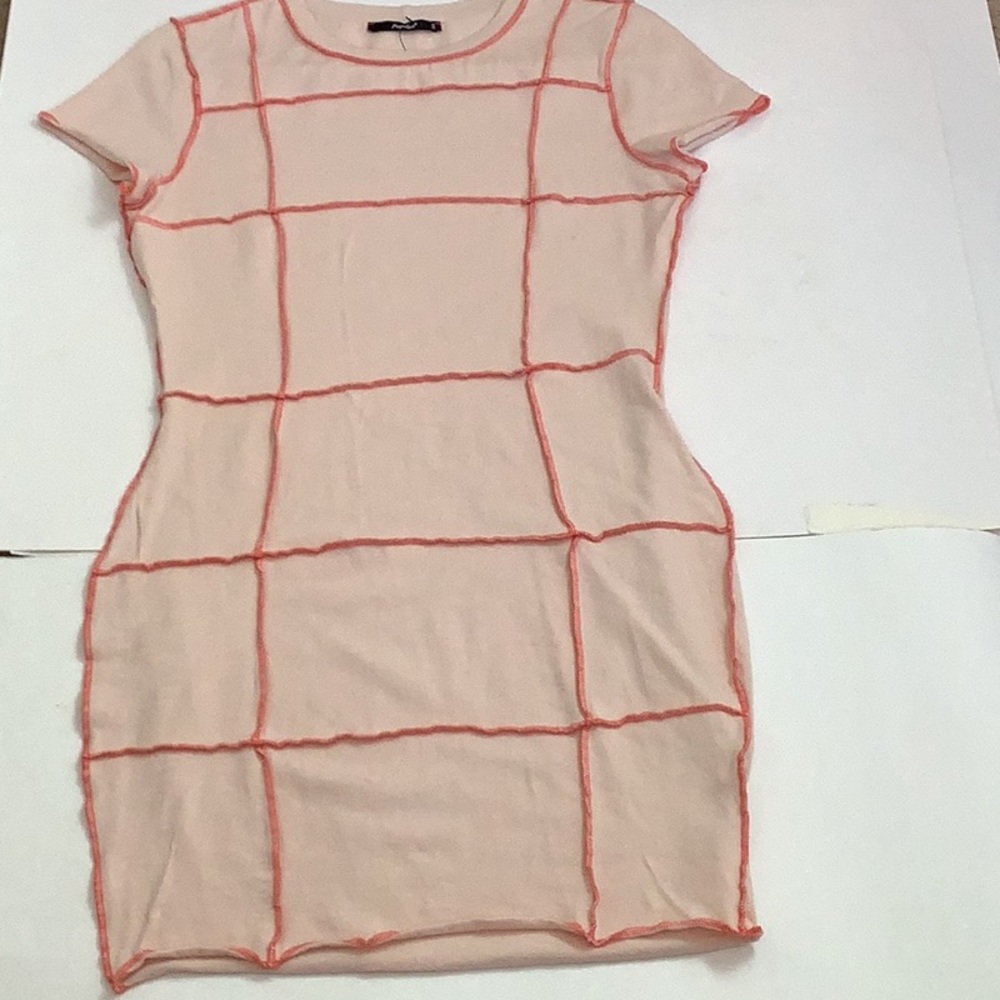 Papaya Short Sleeve Peach Bodycon Mini Dress Coral Grid Stitch Waist Hugging